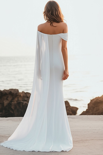 White Chiffon Mermaid Off the Shoulder Long Boho Formal Dress with Cape